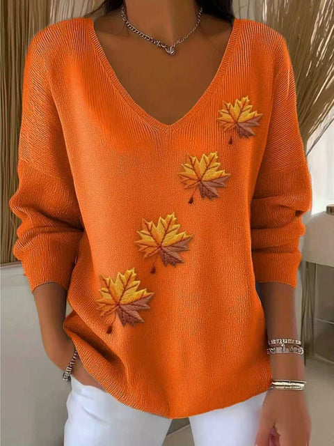 Shoulder V-neck long-sleeved autumn leaf 3D digital printing women's top FF303401 03