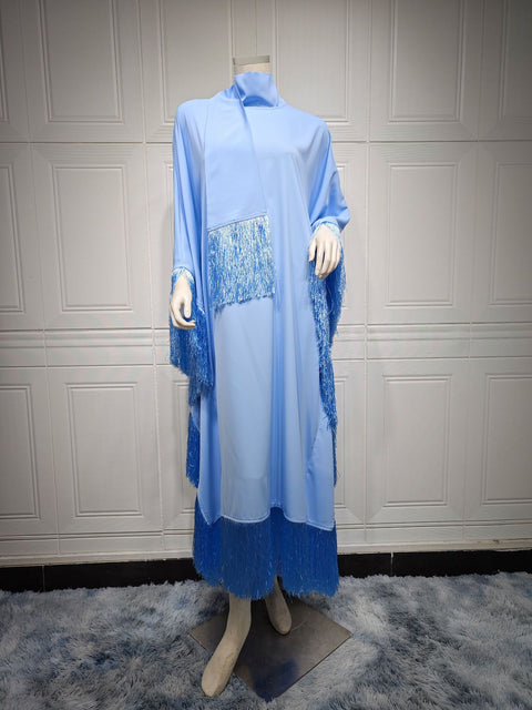 Robe de soirée haute couture à manches chauve-souris et pompons pour femme m301183 