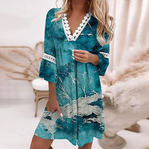 Robe bohème décontractée à col en V et coutures en dentelle imprimées, style vacances M300213 