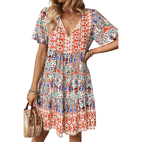 Nouvelle robe à col en V, jupe ample à imprimé bohème à la mode m300994 