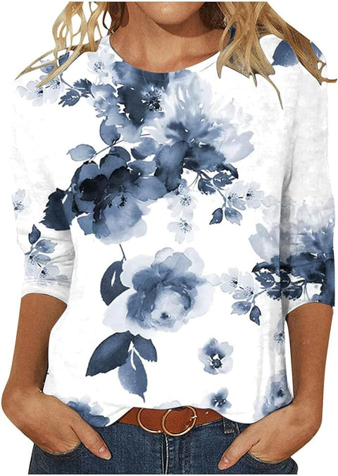 Pull ras du cou à manches sept-quarts et imprimé 3D de fleurs et de plantes m300615 
