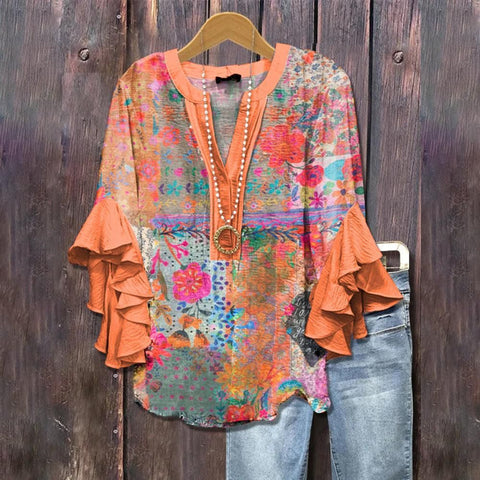 Creative floral element printing digital printing casual trend V-neck lotus edge T-shirt women's top m301778