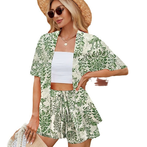 Set aus kurzärmligem Hemd, Oberteil und Shorts mit Blumenmuster und elastischer Taille m300995 