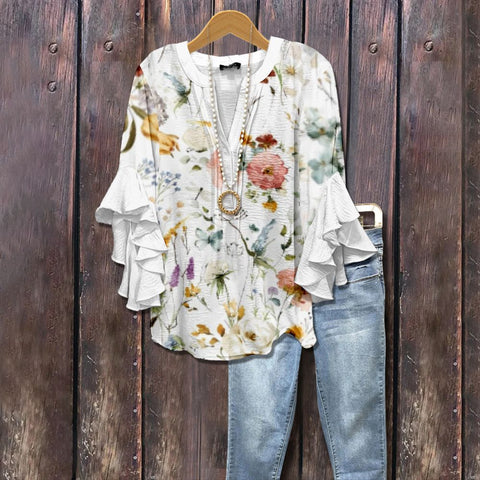 T-shirt à col en V et bordure lotus, imprimé floral créatif, impression numérique, tendance décontractée, m301352 