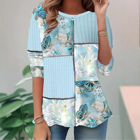 Langärmliges Damen-T-Shirt im Retro-Karo-Stil mit Rundhalsausschnitt m300651 