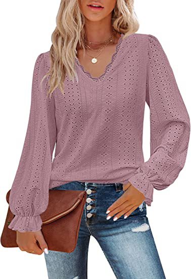 V-Ausschnitt Hohl Casual Plissee Ärmel Top Shirt Herbst m300647