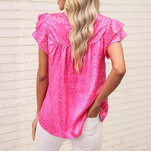 Haut polyvalent à manches longues et col ondulé pour femme, imprimé feuilles de lotus, M300881 