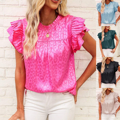Haut polyvalent à manches longues et col ondulé pour femme, imprimé feuilles de lotus, M300881 