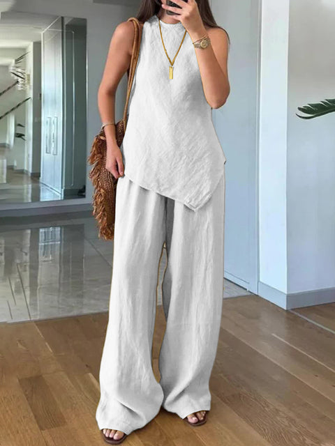Casual round neck pullover sleeveless plus pocket trousers cotton multi-color m301437