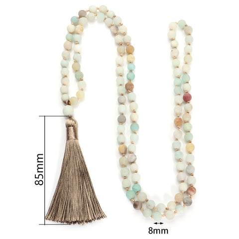 Collier de 108 perles en pierre naturelle Mara, chaîne de pull nouée à la main avec franges m3331281 