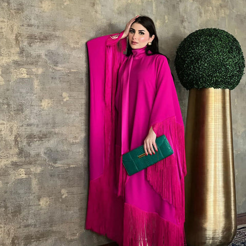 Robe de soirée haute couture à manches chauve-souris et pompons pour femme m301183 