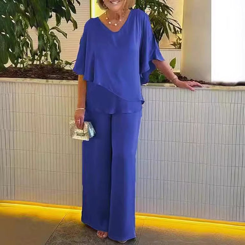 Set Solid color V-neck irregular hem casual set m301319