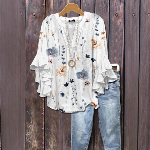 T-shirt à col en V et bordure lotus, imprimé floral créatif, impression numérique, tendance décontractée, m301352 