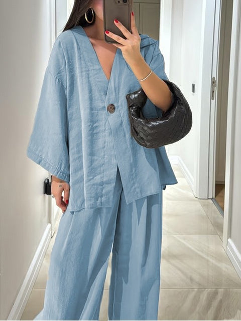 Fashion casual suit V-neck one-button loose long-sleeved top high-waisted trousers two-piece set m301966
