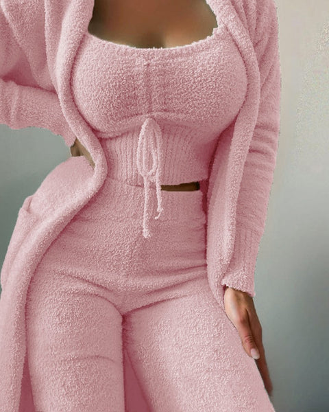 Plüschiges dreiteiliges Pyjama-Set mit Schnürung, lässiges Loungewear-Set, m301066 