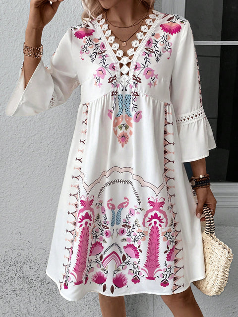 Nouvelle robe imprimée polyvalente et décontractée à col en V avec dentelle épissé m300993 