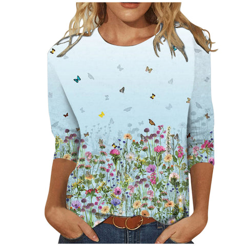T-shirt ample à col rond et manches 3/4 pour femme, imprimé M300227 