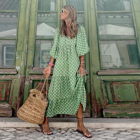 Robe à manches bouffantes à imprimé géométrique, jupe de rue frite m300902 