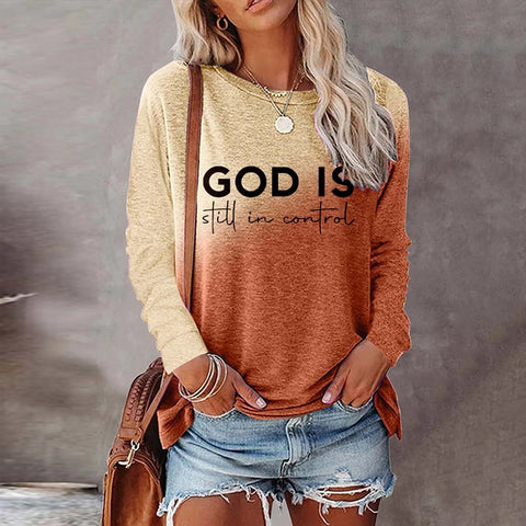 Rundhals-T-Shirt Damen Langarm Lose bedrucktes Oberteil m300648 