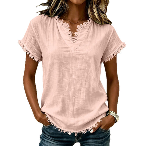 Spring and summer retro casual V-neck fringed short-sleeved top FF303161