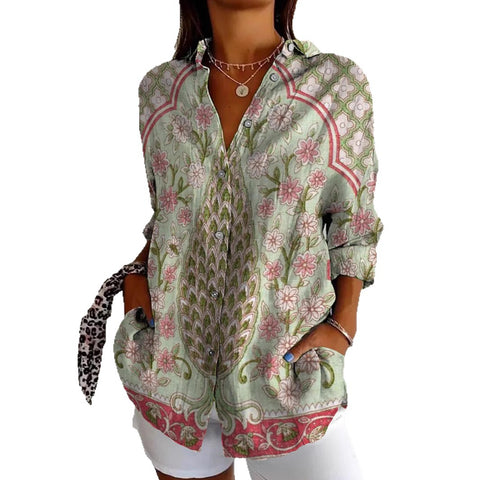 3D digital printing abstract pattern women's long-sleeved buckle linen shirt m302749-03