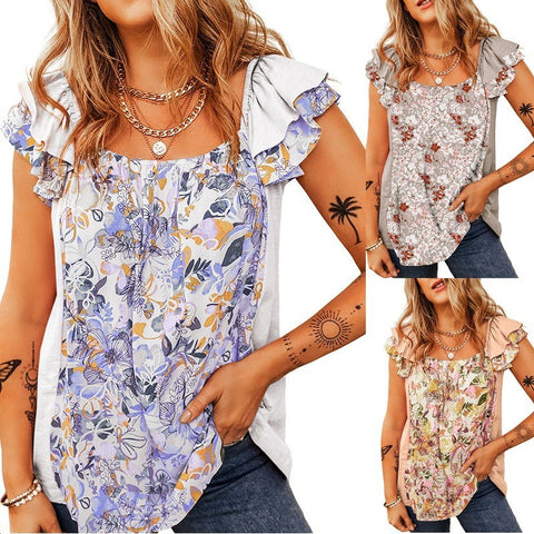 Plissiertes kurzärmliges T-Shirt-Oberteil mit böhmischem Blumendruck m301034 