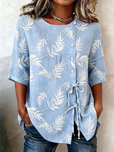 Color matching loose blouse five-button drawstring shirt m302758