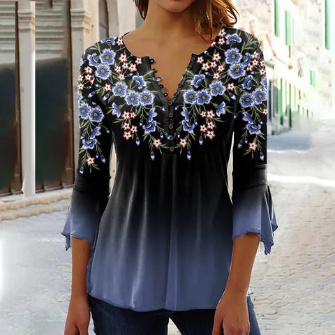 T-shirt à imprimé floral Ruili Fashion, col en V, manches trois-quarts m300035