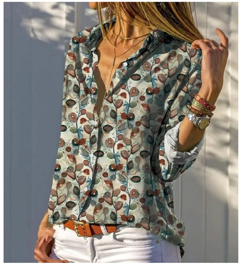 3D digital printing abstract pattern women's long-sleeved buckle linen shirt m302749-03