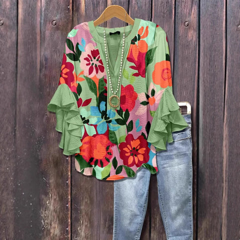 T-shirt à col en V et bordure lotus, imprimé floral créatif, impression numérique, tendance décontractée, m301358 