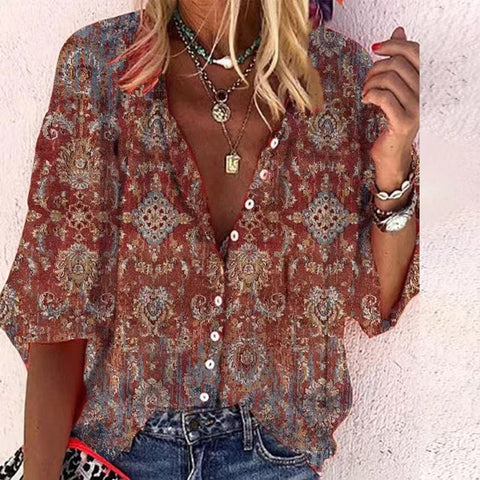 women's clothing stand-up collar loose button retro printed casual shirt m301723