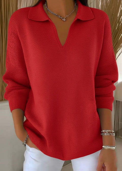 Digital printing women's lapel neck long-sleeved solid color knitted fleece sweater m302076