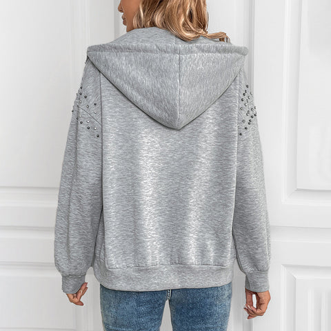 Hooded long-sleeved sweater autumn and winter solid color rivet casual fashion sweater jacket women m300810