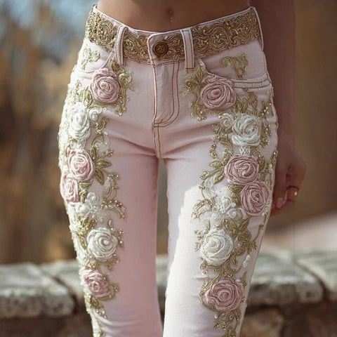 Vintage pink rose embroidery art print jeans elegant temperament m301955