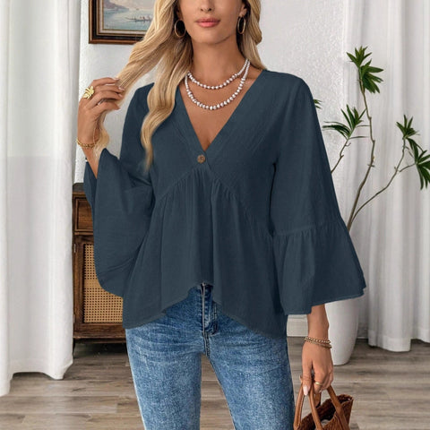 Solid color V-neck lotus leaf sleeve cotton top m302735