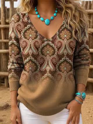 Shoulder V-neck Long Sleeve Pullover 3D Digital Printing Women's Top T-Shirt FF303430 03