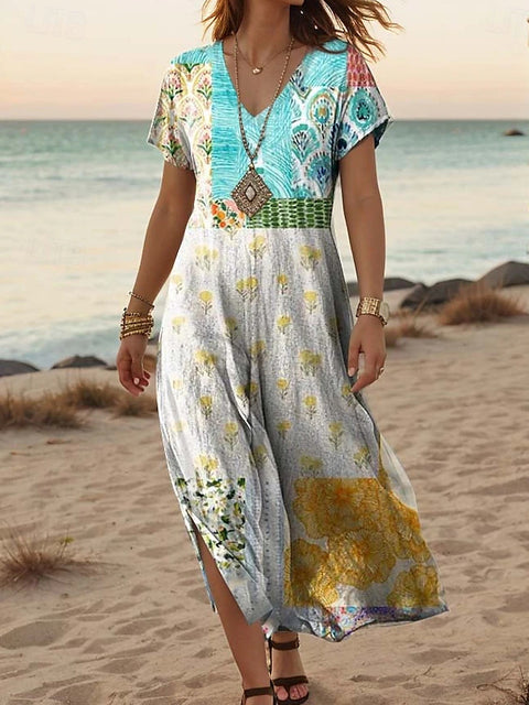 Robe d'été à manches courtes et col en V pour femme, motif floral créatif, nouvelle collection m301230 