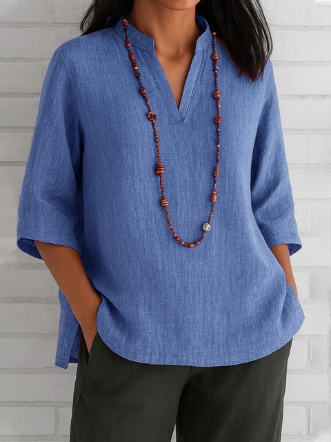 Women's V-neck seven-quarter-sleeved cotton and linen loose casual shirt m302068