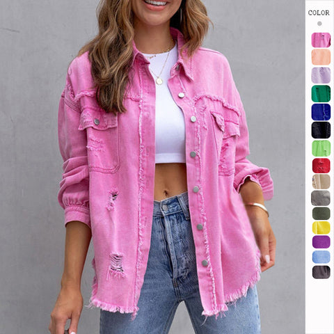 Veste en jean déchirée à ourlet brut, haut décontracté à manches longues et col polo M300220 