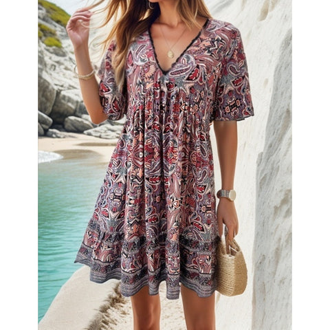 Robe décontractée à col en V imprimée pour les vacances de printemps et d'été M300211 