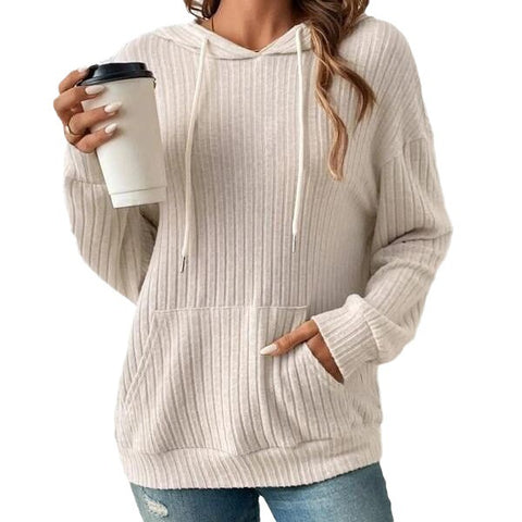 Damen-Strickpullover mit Kapuze, Pit-Streifen und Kängurutasche, m300525 
