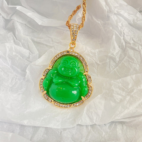 Pendentif Bouddha Maitreya en calcédoine malaise serti de diamants de style chinois, pendentif Bouddha Maitreya à gros ventre m3331257