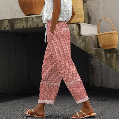 Regular drawstring pocket slacks multi-color digital print women's trousers m301434