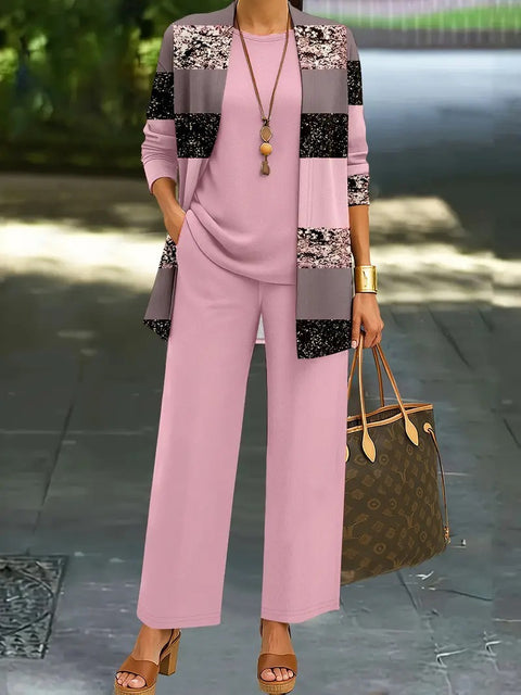 Pink three-piece casual suit women's cardigan wide-leg pants m302761