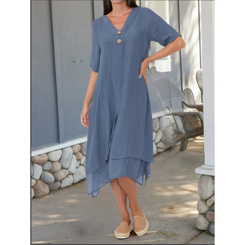 Robe littéraire en coton tissé et lin double épaisseur fendue à col en V m301247 