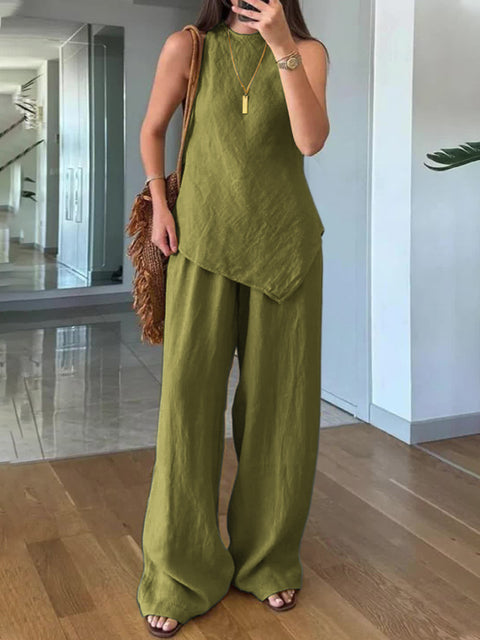 Casual round neck pullover sleeveless plus pocket trousers cotton multi-color m301437