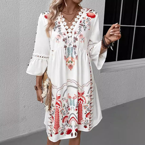 Nouvelle robe imprimée polyvalente et décontractée à col en V avec dentelle épissé m300993 