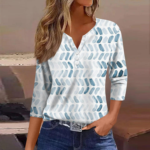 Col en V, manches sept-quarts à trois boutons, imprimé floral, vêtements amples pour femmes à la mode et décontractés m300565 