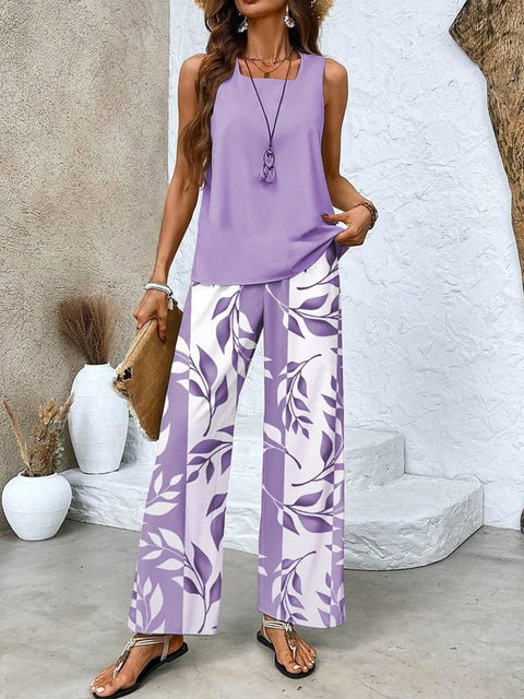 Lässige Pulloverweste mit quadratischem Ausschnitt und Hose mit Digitaldruck für Damen, zweiteilig, m301436 