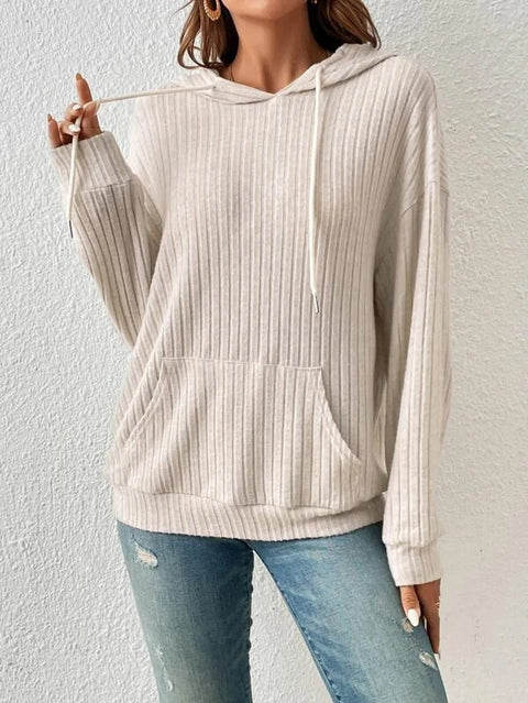 Damen-Strickpullover mit Kapuze, Pit-Streifen und Kängurutasche, m300525 